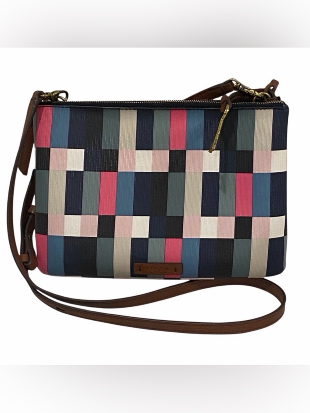 Fossil Color-Block Geometric Print Coated Canvas Crossbody - NWOT